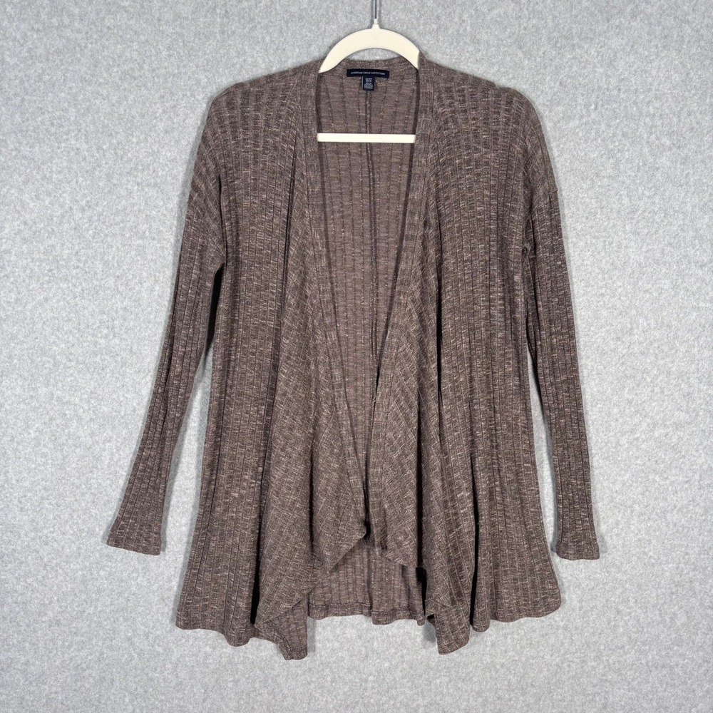 Y2K American Eagle Cardigan Duster XS Brown Ribbed Knit Draped Wrap Neutral